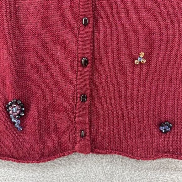 Beverly Mehe Sweater S Red Silk Knit Cardigan Button Front 3/4 Sleeve Rhinestone - Picture 4 of 14